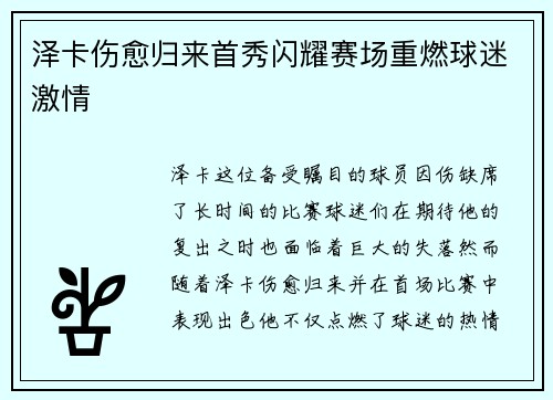 泽卡伤愈归来首秀闪耀赛场重燃球迷激情 泽卡伤愈归来首秀闪耀赛场重燃球迷激情